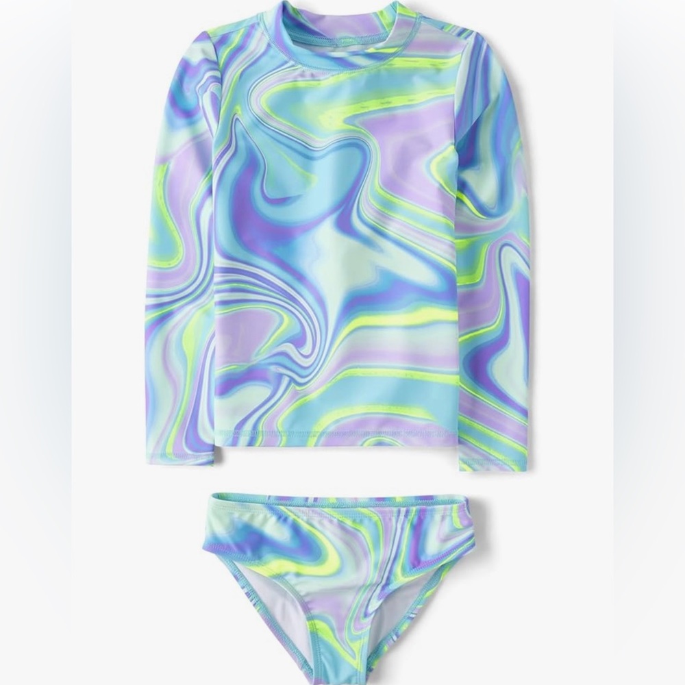 NWT The Children's Place UPF-50 Blue and Purple Rashguard Swim Set, Girls 10